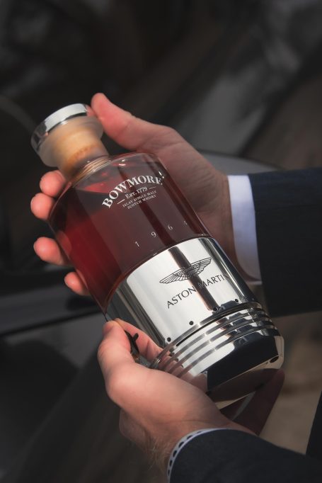Close up photo of $85,000 bottle of Bowmore X Aston Martin Scotch