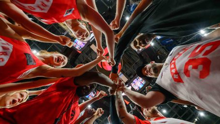 Teammates huddle before tip off at Coors Raptors Career Day at Scotiabank Arena in Toronto