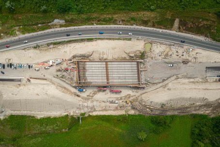 Drone shot looking down on bridge construction for Bradford Bypass in the Greater Toronto Area
