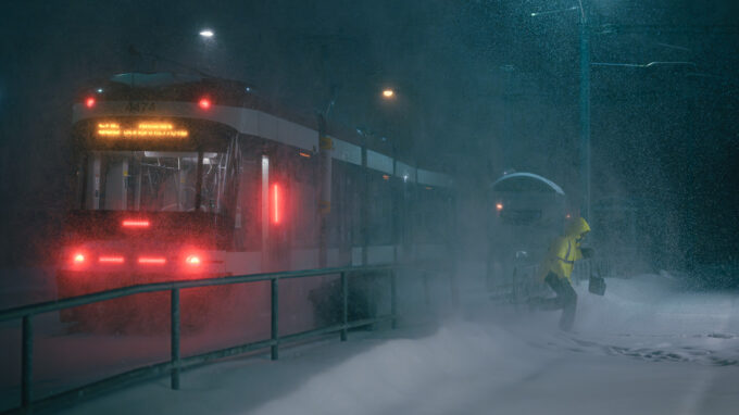 Person running from TTC streetcar through the show in Toronto during record breaking snowstorm