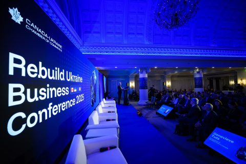 Wide stage photo of the Rebuild Ukraine 2025 conference